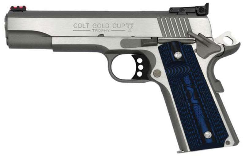 Gold Cup Lite, 9mm, 5″ Barrel, Fiber Optic Front/Adjustable Rear Sights, Stainless, G10 Grips, 9-Rd