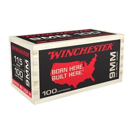 Winchester USA Handgun Ammunition 9mm Luger 115 gr. FMJ-FN 1190 fps 100/ct (Wooden Box)