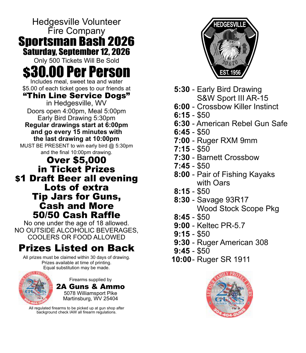 Hedgesville Volunteer Fire Company Sportsman Bash 2026 flyer