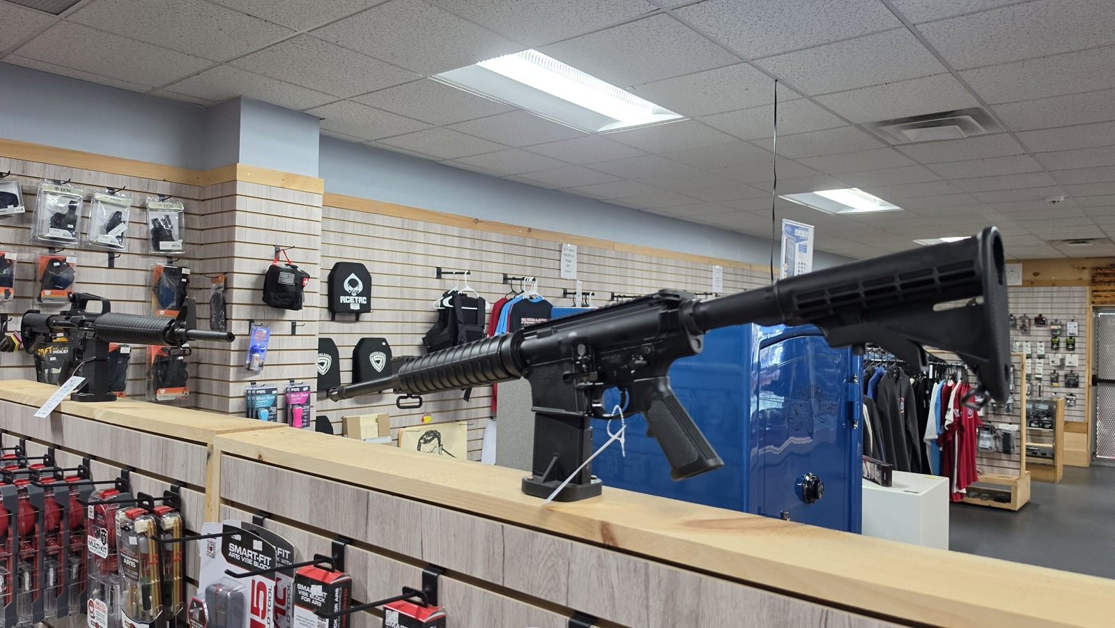 A rifle on the counter awaiting evaluation at the Frederick store