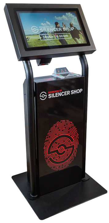 The Silencer Shop kiosk: a touchscreen stand with a fingerprint scanner